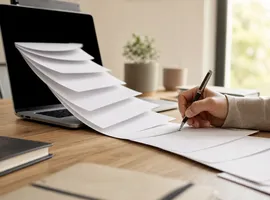 Escritorio de trabajo con documentos generados en cadena y una mano revisando uno de ellos, representando errores de marketing con IA