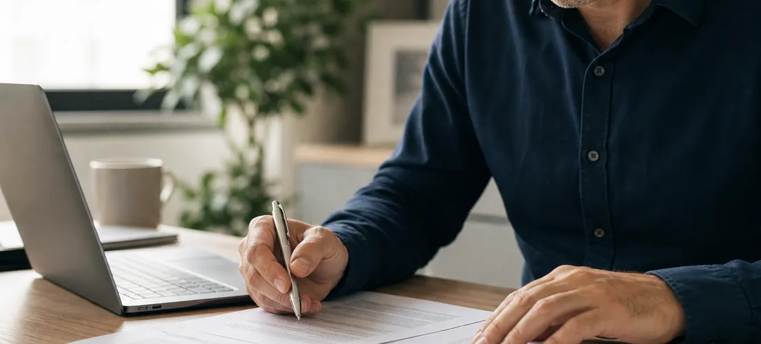 Persona revisando manualmente contenido impreso, representando el criterio humano sobre la producción de IA