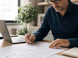 Persona revisando manualmente contenido impreso, representando el criterio humano sobre la producción de IA