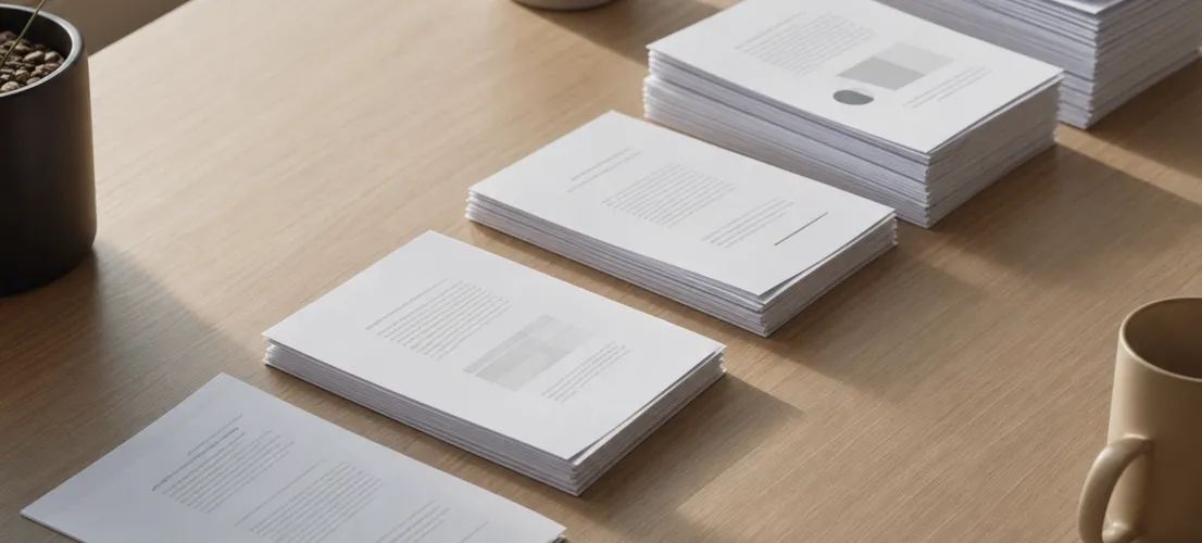 Documentos de contenido organizados en progresión ordenada, representando cómo escalar publicaciones sin desorden