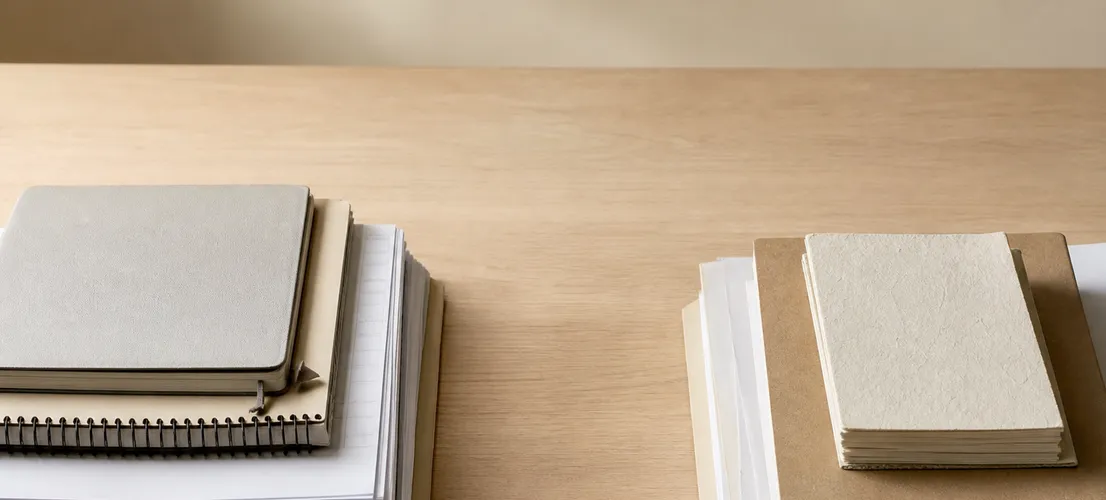 Mesa de trabajo con documentos organizados en equilibrio, simbolizando marketing productizado frente a la dependencia de ads