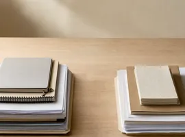 Mesa de trabajo con documentos organizados en equilibrio, simbolizando marketing productizado frente a la dependencia de ads