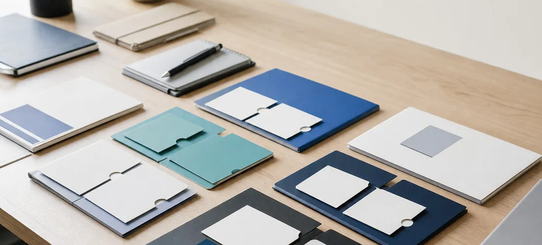 Piezas de contenido organizadas en módulos sobre un escritorio, representando un paquete de marketing productizado
