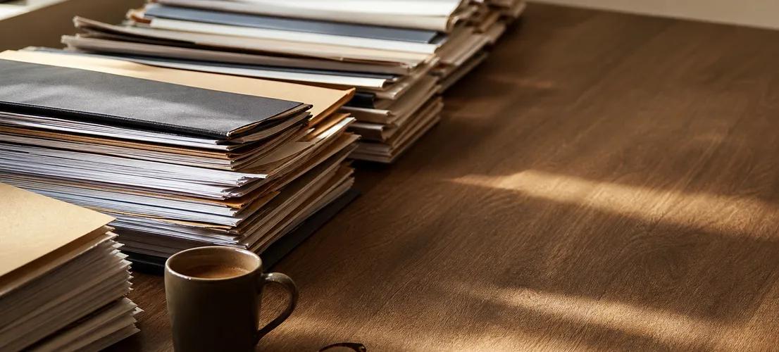 Escritorio de despacho profesional con documentos organizados que simbolizan presencia de contenido constante