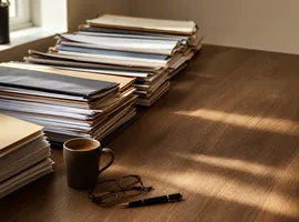 Escritorio de despacho profesional con documentos organizados que simbolizan presencia de contenido constante