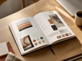 Cuaderno de guía de tono y voz de marca sobre una mesa de trabajo antes de producir contenido con IA
