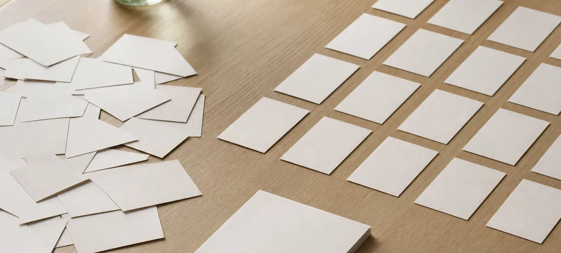 Tarjetas en blanco pasando de estar desordenadas a organizarse en filas, como metáfora de estructurar contenido web