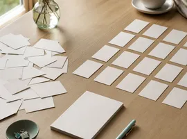 Tarjetas en blanco pasando de estar desordenadas a organizarse en filas, como metáfora de estructurar contenido web