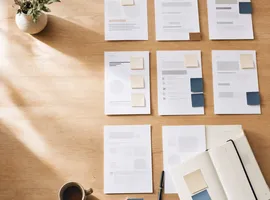 Mesa de trabajo organizada con contenido impreso en filas, representando un sistema de marketing productizado en marcha
