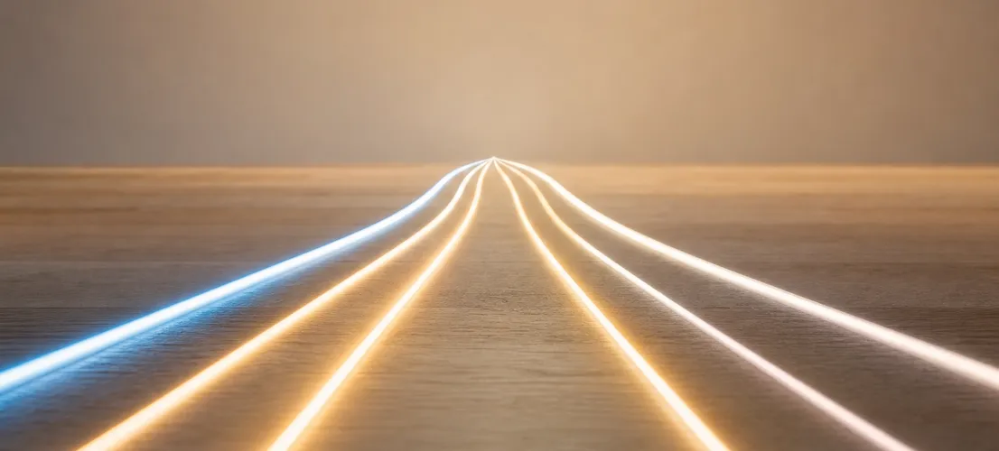 Varios caminos de luz convergiendo, representando alternativas a Google Ads para captar clientes de forma diversificada