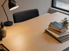 Escritorio con luz puntual y documentos ordenados, metáfora de depender menos de ads y construir activos propios