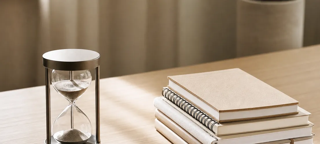 Escritorio minimalista con reloj y cuadernos representando la decisión entre ads y contenido