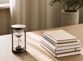 Escritorio minimalista con reloj y cuadernos representando la decisión entre ads y contenido