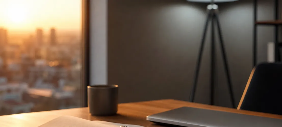 Despacho iluminado por luz natural constante frente a una lámpara artificial, metáfora de depender menos de anuncios
