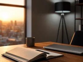 Despacho iluminado por luz natural constante frente a una lámpara artificial, metáfora de depender menos de anuncios