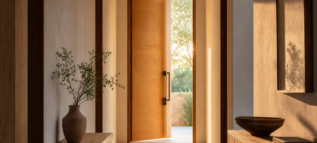 Camino corto y luminoso hacia una puerta abierta, metáfora de cómo la marca reduce el coste de captación