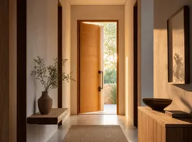 Camino corto y luminoso hacia una puerta abierta, metáfora de cómo la marca reduce el coste de captación