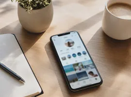 Escritorio de trabajo con móvil mostrando perfil social, representando el crecimiento de redes orgánicas frente a los ads