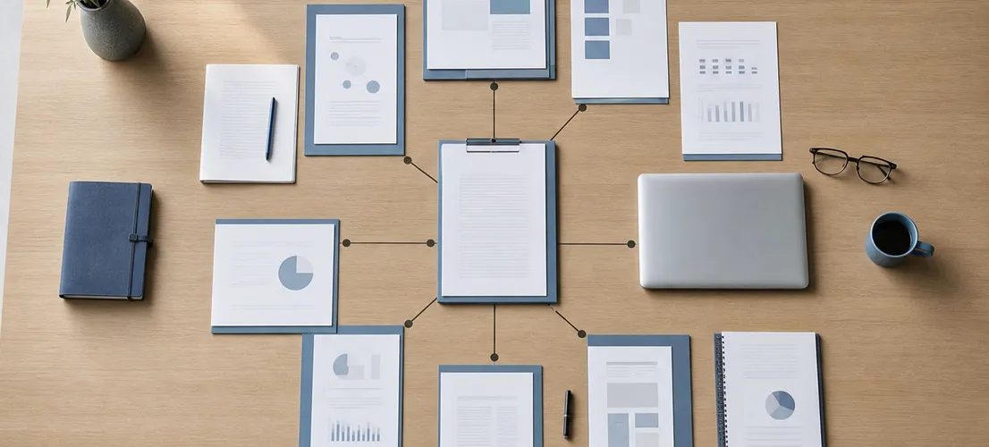 Documentos organizados en una mesa de reunión representando contenido compuesto adaptado a distintos perfiles B2B
