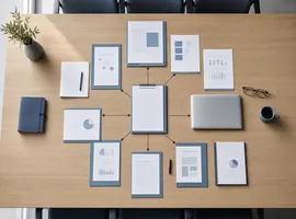 Documentos organizados en una mesa de reunión representando contenido compuesto adaptado a distintos perfiles B2B