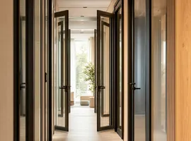 Pasillo con puertas abiertas en progresión, representando el recorrido del cliente por el embudo de ventas