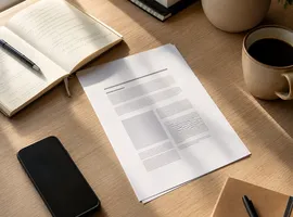 Escritorio de trabajo con un artículo impreso como base de contenido multicanal para SEO, redes y ventas