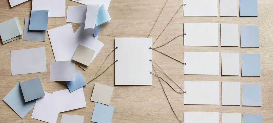 Tarjetas de contenido dispersas conectándose en una estructura ordenada, representando un sistema de contenido