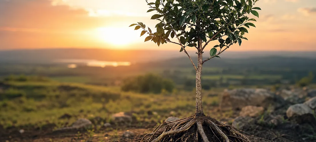 Árbol de raíces fuertes como metáfora del efecto compuesto del contenido evergreen
