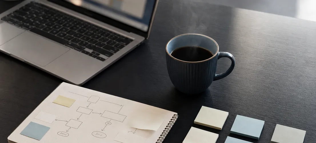 Escritorio con notas y esquemas mostrando cómo se organiza un sistema de contenido apoyado en IA