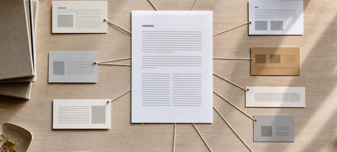 Documento central conectado a varios formatos de contenido derivados sobre una mesa, representando un motor de contenido
