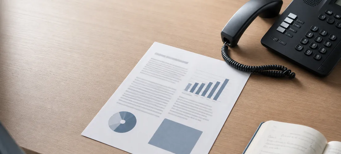 Escritorio con material de apoyo comercial listo antes de una llamada de ventas