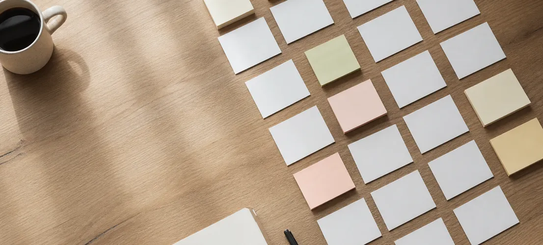 Mesa de trabajo con tarjetas organizadas simulando un calendario de contenido para pymes