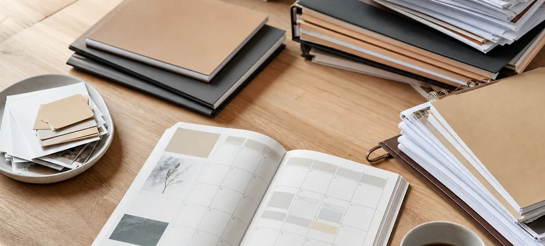 Capas de documentos y calendario editorial representando los factores que forman el precio de un paquete de contenido