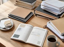 Capas de documentos y calendario editorial representando los factores que forman el precio de un paquete de contenido