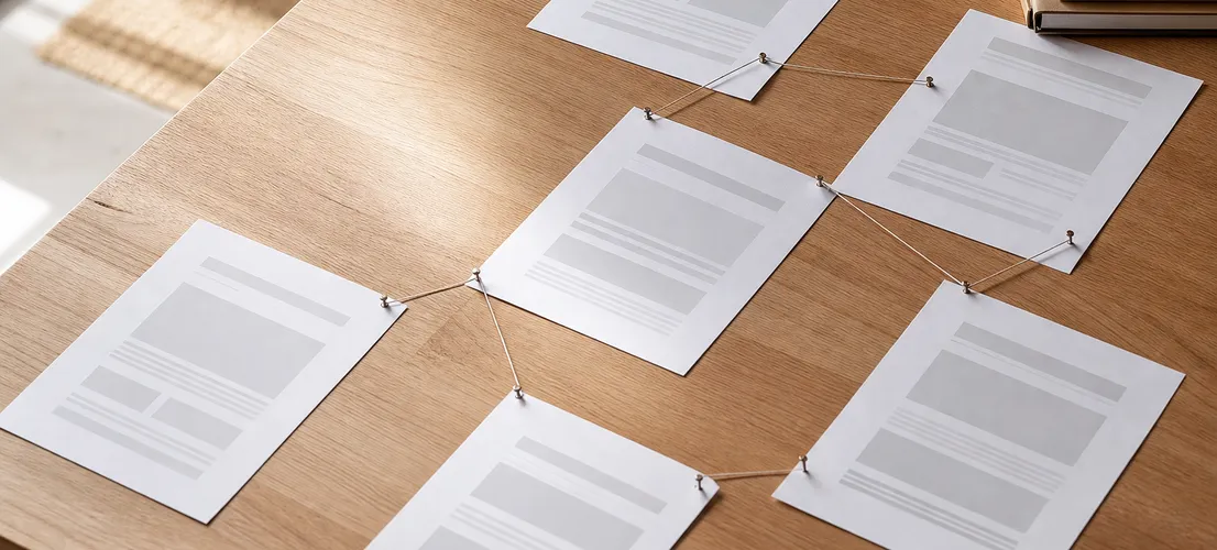 Mesa de trabajo con artículos organizados y conectados, representando un paquete de blog planificado para pymes