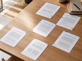 Mesa de trabajo con artículos organizados y conectados, representando un paquete de blog planificado para pymes
