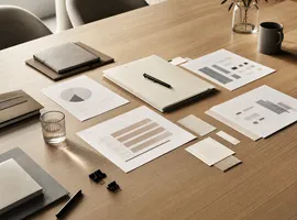 Mesa de reunión con documentos organizados representando un paquete de contenido B2B por etapas