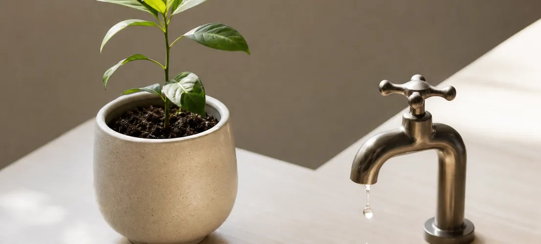 Planta creciendo junto a un grifo con gota de agua, metáfora de contenido propio frente al gasto en ads
