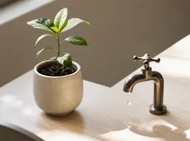 Planta creciendo junto a un grifo con gota de agua, metáfora de contenido propio frente al gasto en ads