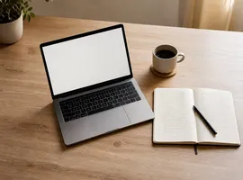 Mesa de trabajo con portátil y cuaderno manuscrito, símbolo del equilibrio entre IA y revisión humana en contenido