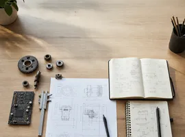 Componentes técnicos y notas organizadas representando un paquete de contenido para productos complejos
