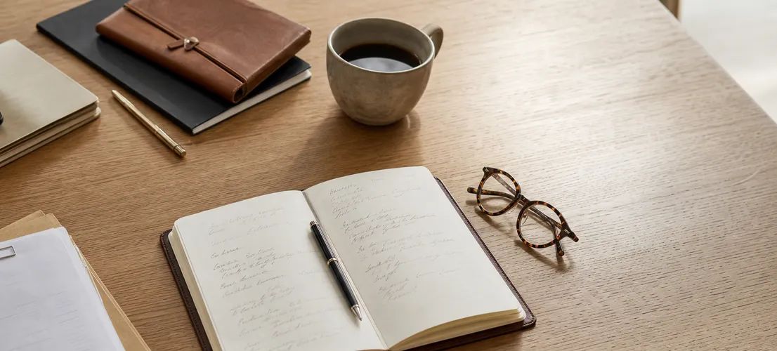 Escritorio de despacho profesional ordenado, símbolo de criterio y experiencia en servicios profesionales