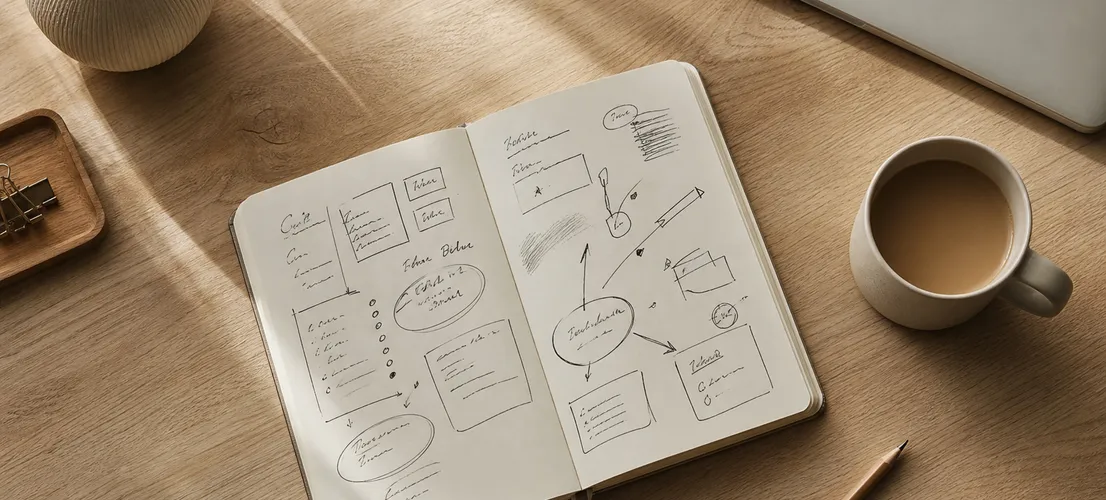 Escritorio con libreta de planificación de contenido para una web corporativa vacía
