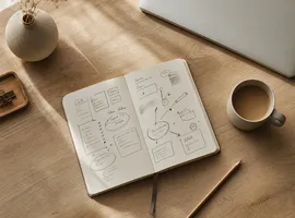 Escritorio con libreta de planificación de contenido para una web corporativa vacía