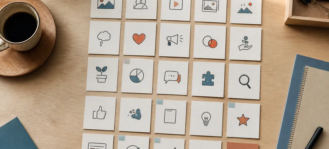 Panel de planificación con tarjetas organizadas por temas, representando un paquete de contenido para redes sociales