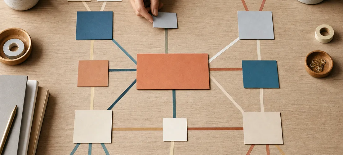 Mapa de tarjetas conectadas representando la arquitectura temática de un paquete de SEO y contenido para pymes