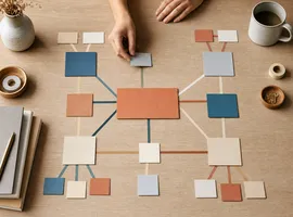 Mapa de tarjetas conectadas representando la arquitectura temática de un paquete de SEO y contenido para pymes