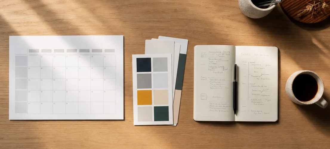 Mesa de trabajo organizada con calendario editorial y muestras de marca para planificar un paquete de contenido