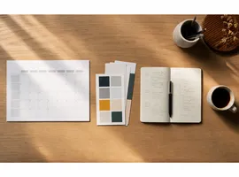 Mesa de trabajo organizada con calendario editorial y muestras de marca para planificar un paquete de contenido