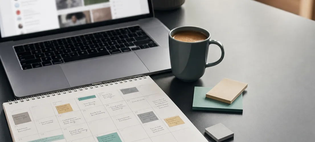 Escritorio con calendario editorial y portátil, representando un sistema de automatización de publicaciones con criterio